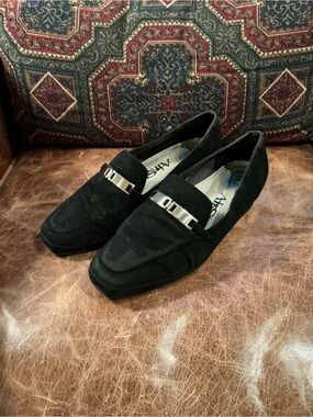 Black Suede Women’s Loafers with Silver Bit Accent